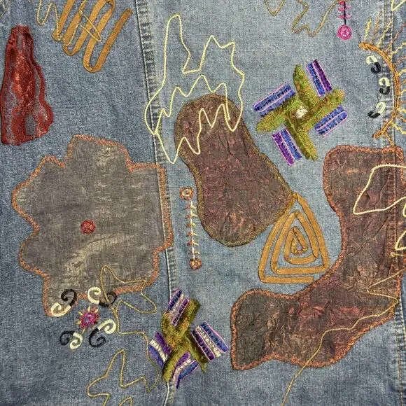 Chico's Jacket Womens 1 Medium Blue Denim Embroidered Applique Boho Mixed Media - Picture 9 of 10